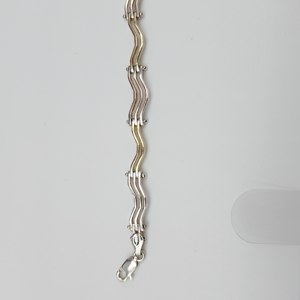 925 Sterling Silver & Gold Plated Wavy Two Tone Bracelet - Picture 9 of 11